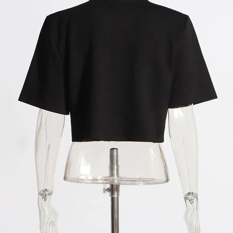 VGH Solid Patchwork Diamonds Split T Shirt For Women Round Neck Short Sleeve Slimming Minimalist T Shirts Female Fashion Style