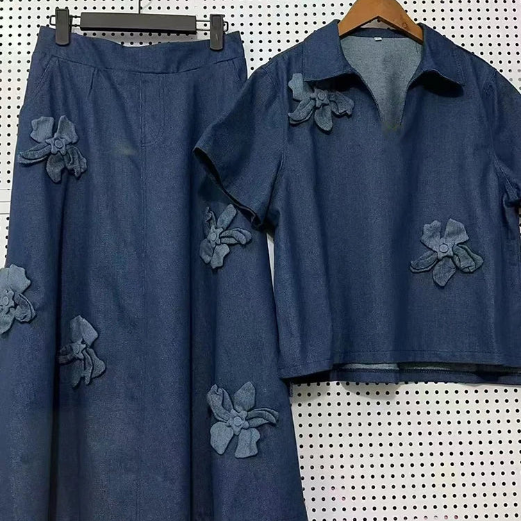 Spring 25 new denim women's suit three-dimensional flower lapel short-sleeved shirt+high waist A-shaped skirt two-piece suit