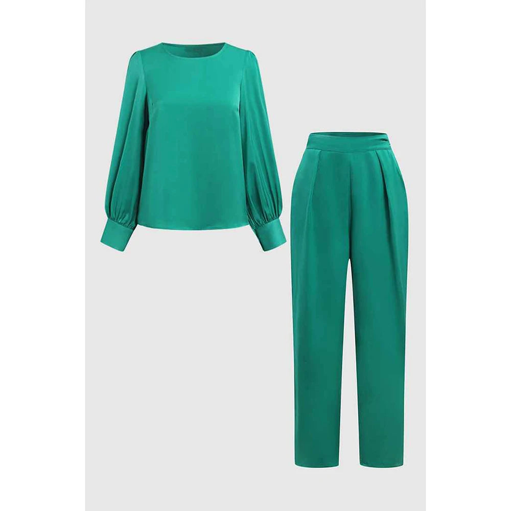 Plus Size Business Casual Green Satin Pants Set Round Neck Lantern Sleeve Wide Leg Two Pieces Pants Set