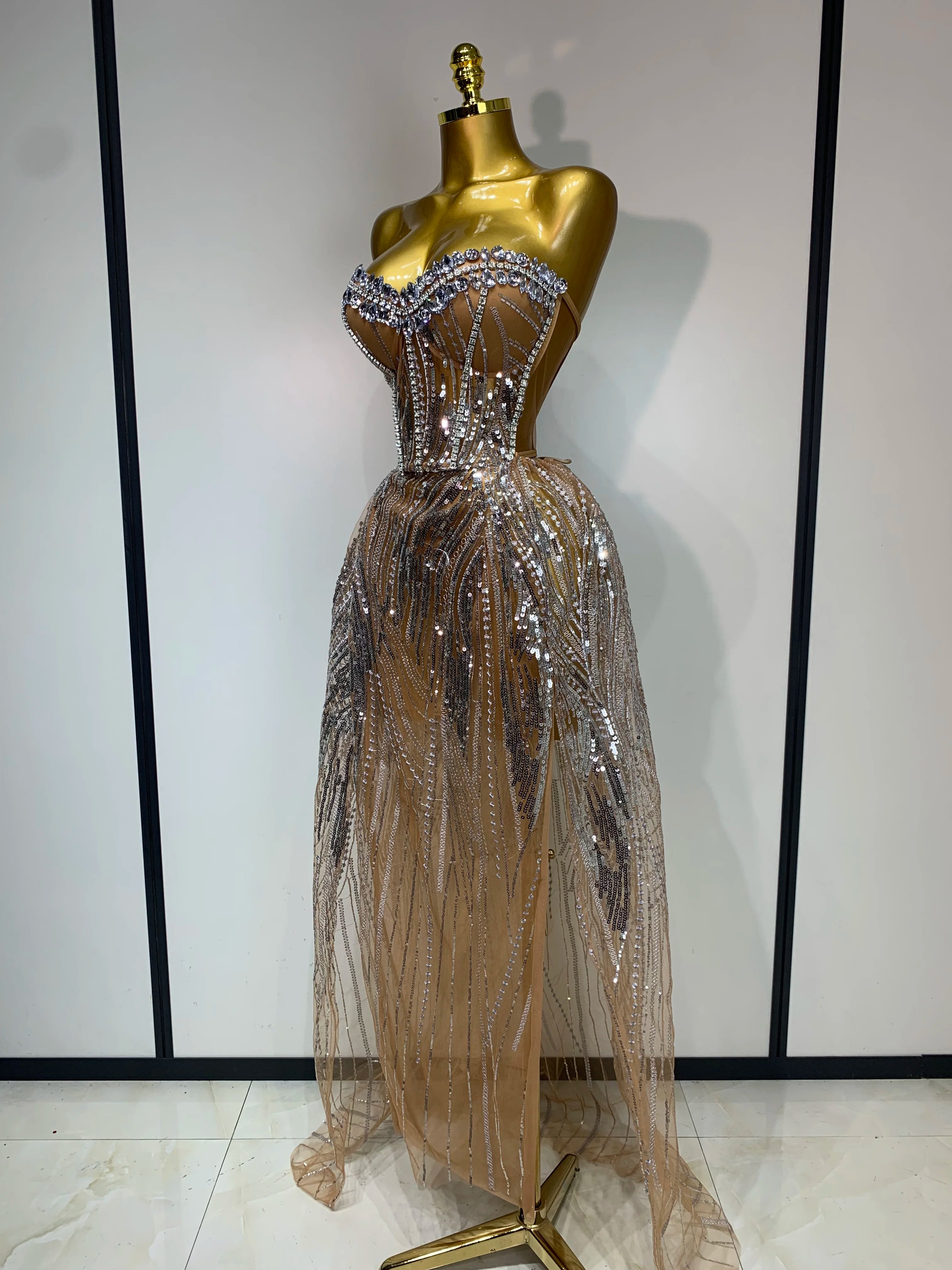 Women Sexy Strapless Mesh See Through Crystal Maxi Dress Evening Party Singer Stage Performance Costume Luxury Birthday Dress