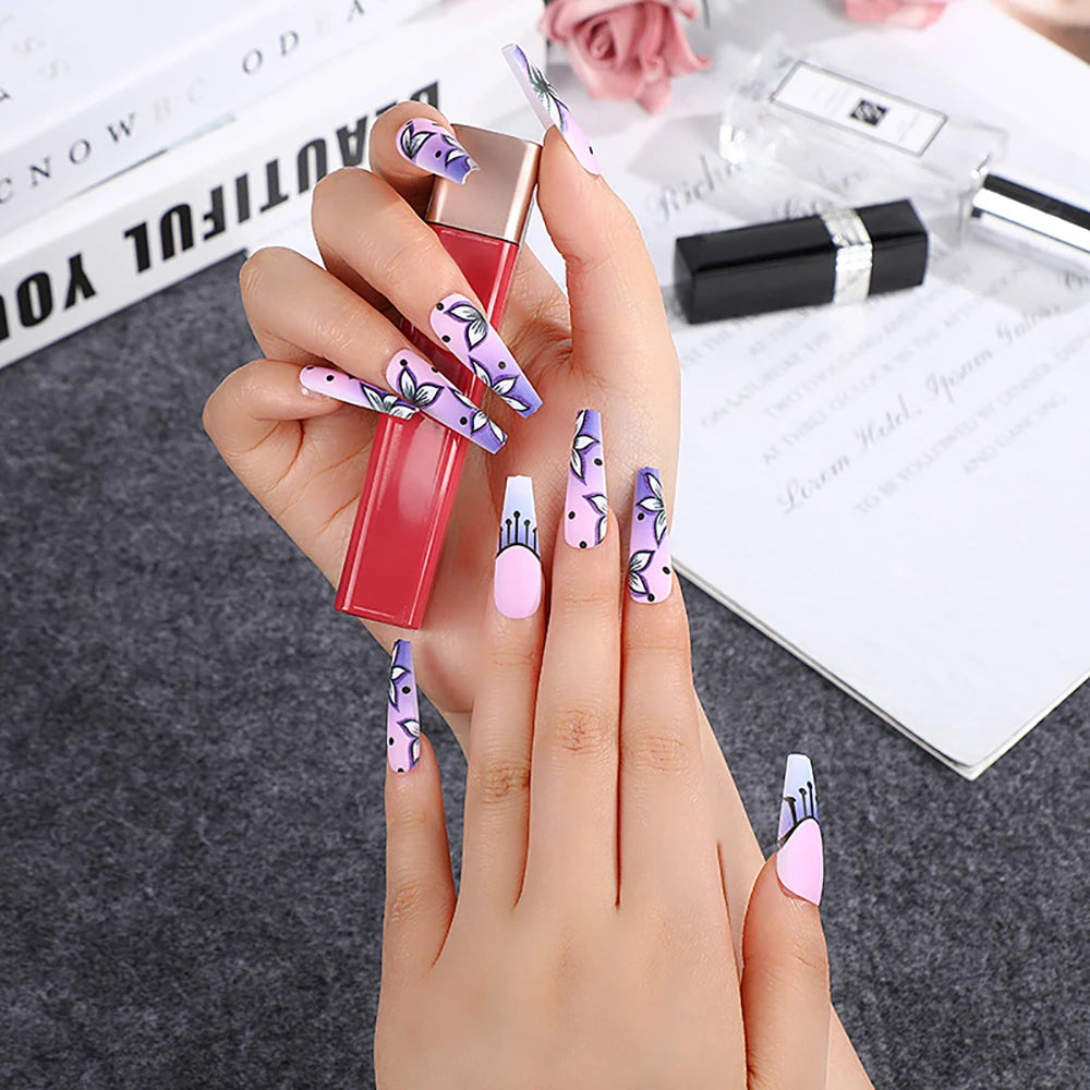 24pcs/set Long Medium short fake nails for women girls cute bow flowers decoration french tips faux ongles press on false nail