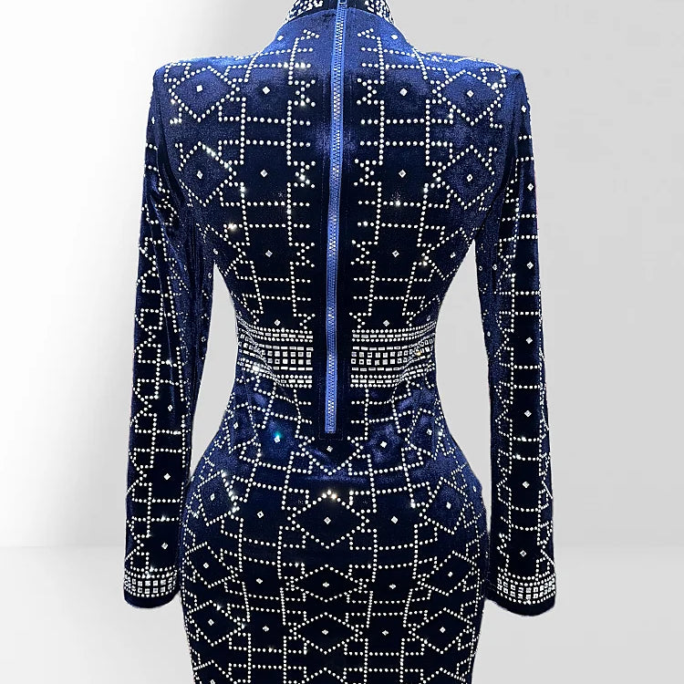 2025 New Dark Blue Velvet Luxury Diamonds O-neck  Tuck Waist Mini Dress Fashion Woman Party Dress Celebration Birthday Vestido