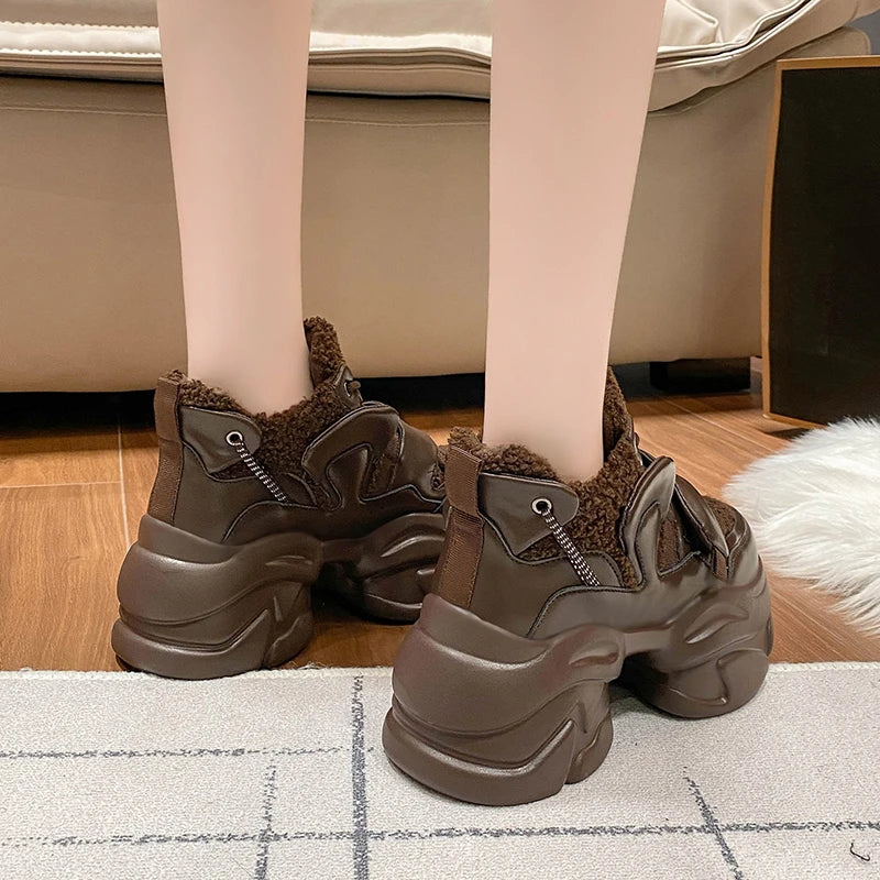 Winter Women Platform Warm Sneakers Leather Casual Trainers Chunky Shoes 8CM Heels Autumn Wedges Height Increasing Sports Shoes
