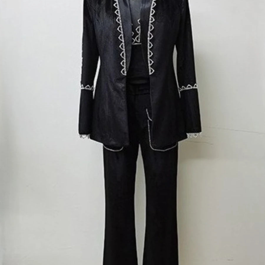 TWOTWINSTYLE Solid Spliced Bead Three Piece Sets for Women Lapel Long Sleeves Top V Neck Sleeveless Vest Long Pants Set Female