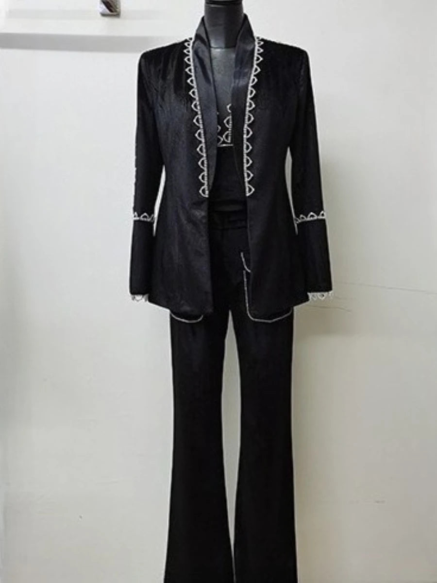 TWOTWINSTYLE Solid Spliced Bead Three Piece Sets for Women Lapel Long Sleeves Top V Neck Sleeveless Vest Long Pants Set Female