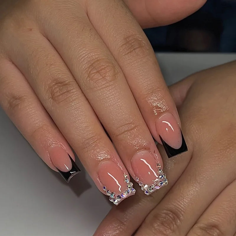 24Pcs Pink French Press on Nails Full Cover Small Broken Diamond Leopard Print Design Short Ballet 3d Gold Bow Nails Fashion Art