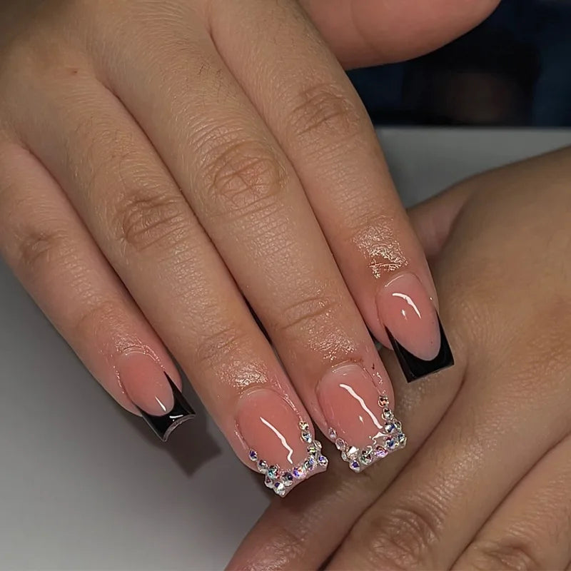 24Pcs Pink French Press on Nails Full Cover Small Broken Diamond Leopard Print Design Short Ballet 3d Gold Bow Nails Fashion Art