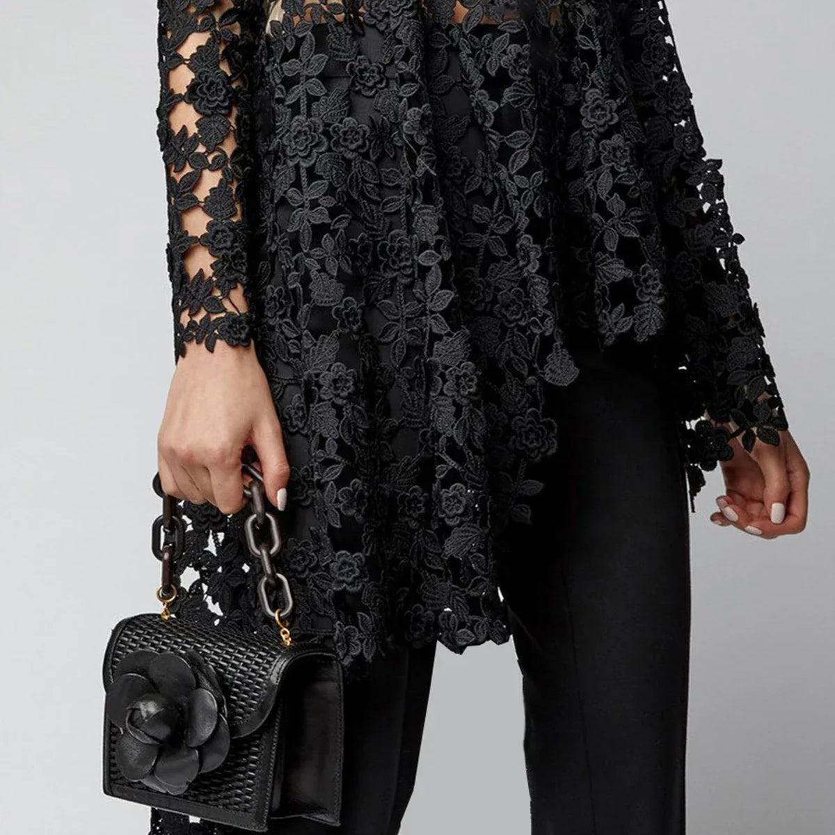 Asymmetrical Top Women Lace Hollow Out Shirt Long Sleeve Irregular Floral Guipure Colorblock Stand Collar Female Loose Blouse