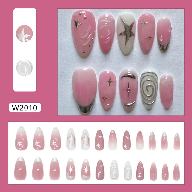 24pcs Summer Green Almond Press on Nails Fashion y2k Star Print False Nails Ins Simple Wearable Reusable Fake Nails for Women
