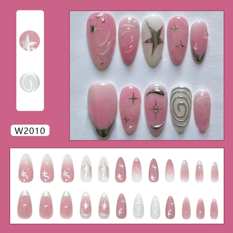 24pcs Summer Green Almond Press on Nails Fashion y2k Star Print False Nails Ins Simple Wearable Reusable Fake Nails for Women