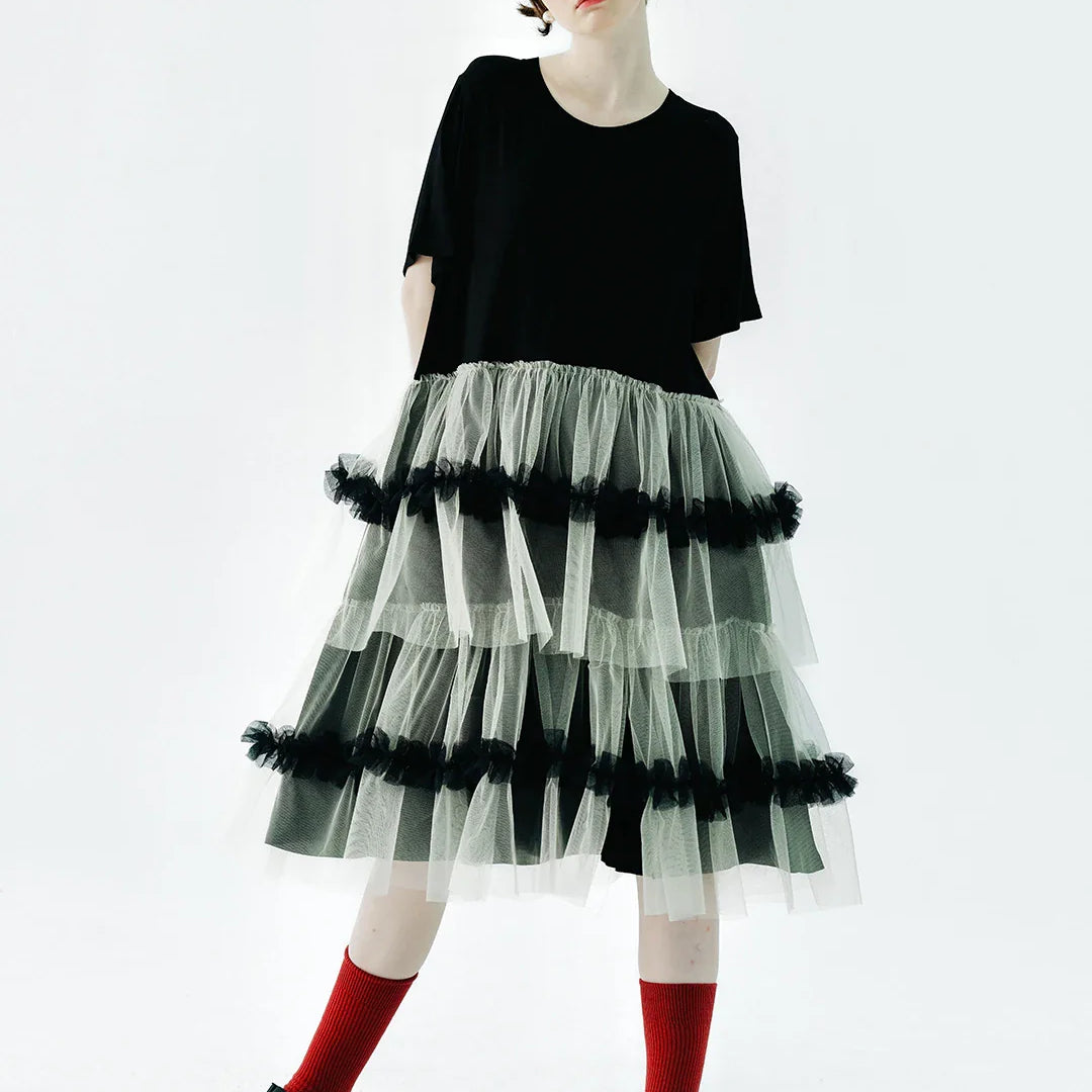 IMAKOKONI Original Design Black Short Sleeve Dress Mesh Splice Casual Loose Fit Dress 234147