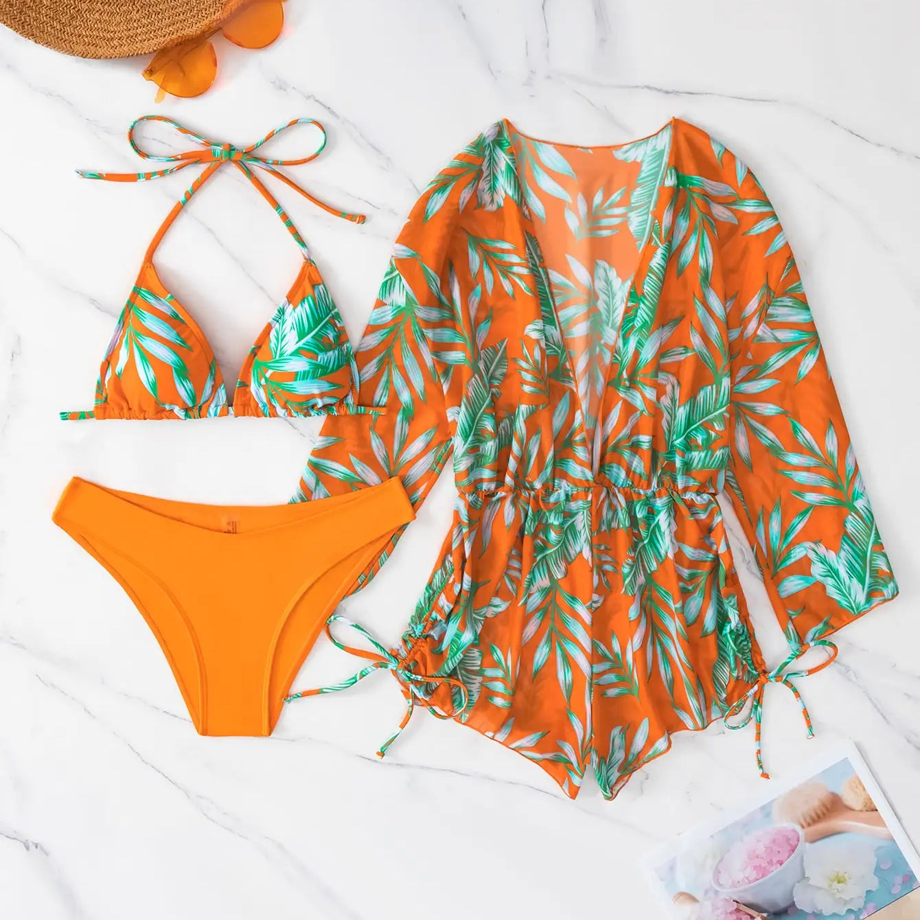 3 Pieces Bikini Tropical Print Swimsuit Halter Drawstring Side Swimwear Women 2023 Bathing Suit Female Swimming Summer Beachwear Orange