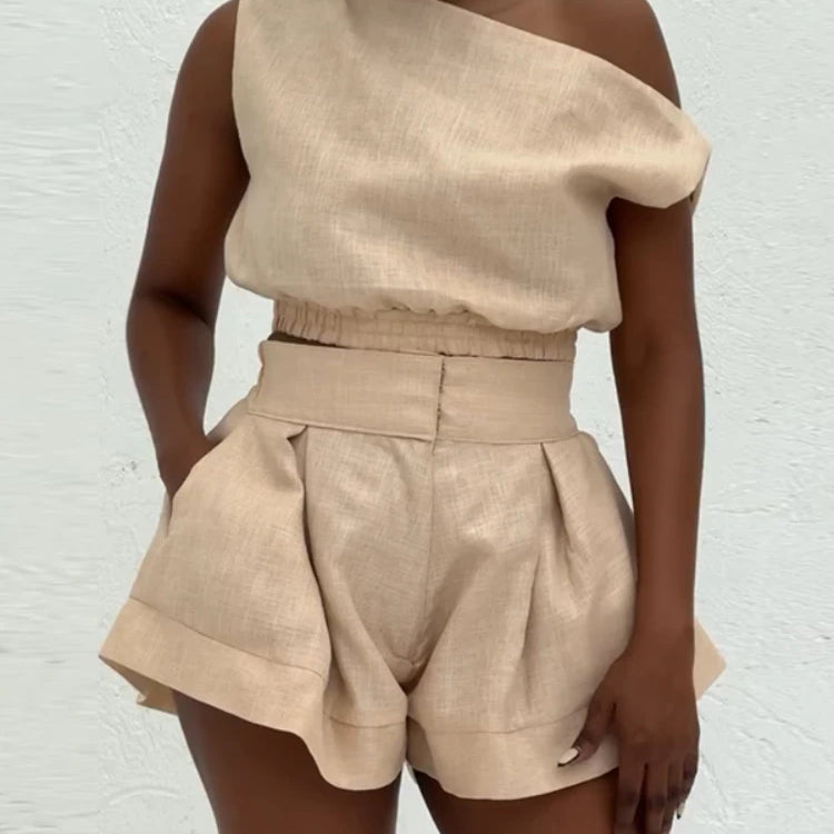 CM.YAYA Fashion Women's Set Off Shoulder Sleeveless Blouse Shirt Top and Flare Shorts Suit 2025 Street Two 2 Piece Sets Outfits