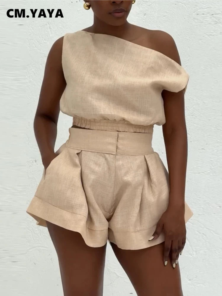CM.YAYA Fashion Women's Set Off Shoulder Sleeveless Blouse Shirt Top and Flare Shorts Suit 2025 Street Two 2 Piece Sets Outfits
