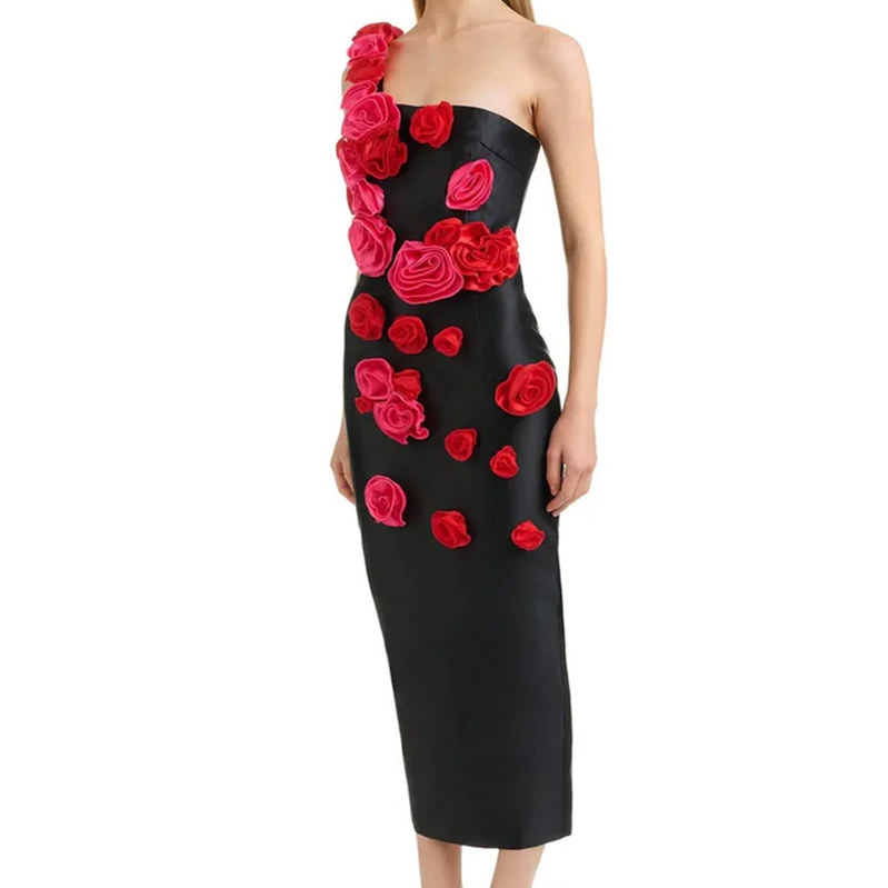 High Quality Red Flowers Strapless Black Bandage Ankle Length Dress Elegant Woman Evening Party Dress Cocktail Party Vestido