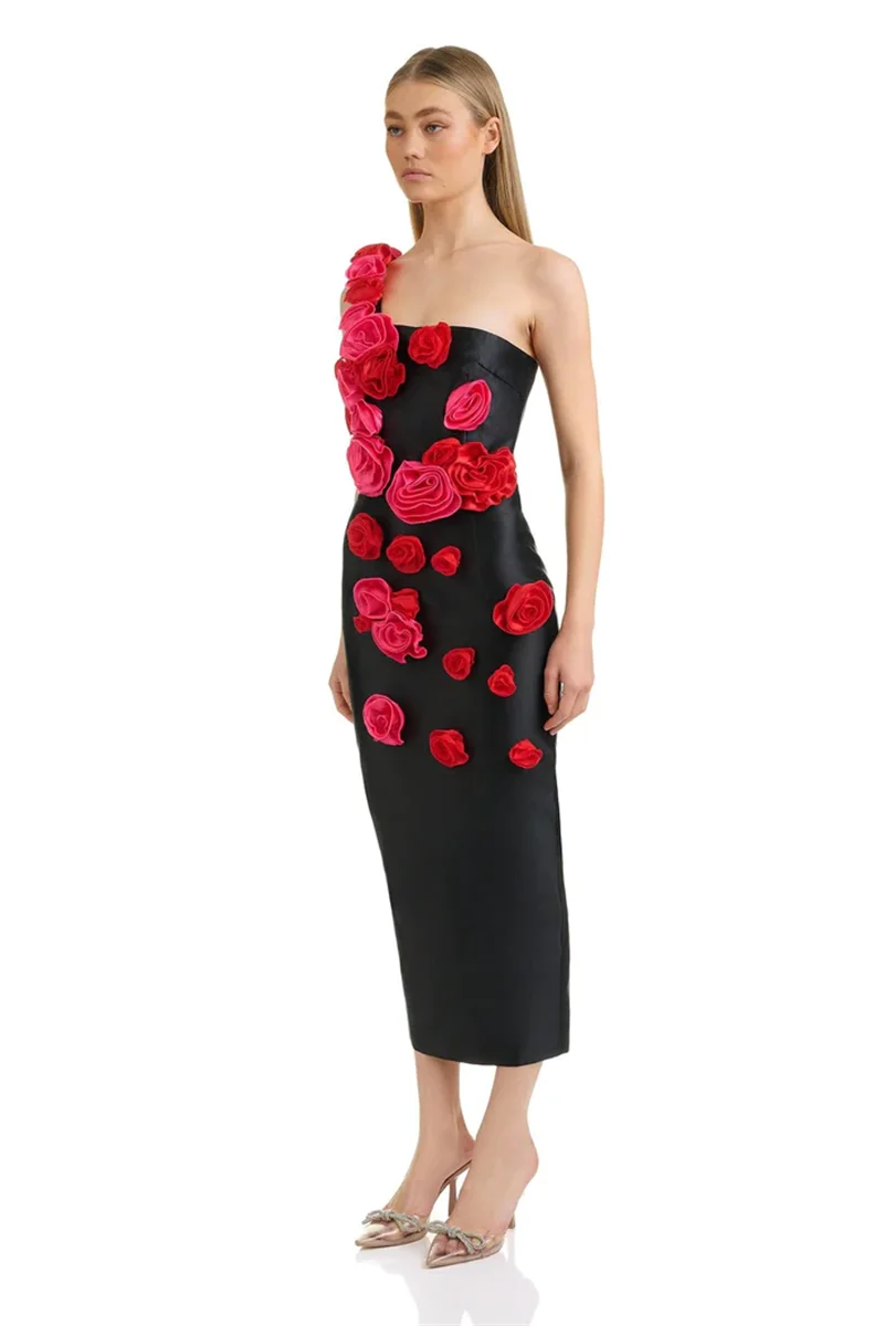 High Quality Red Flowers Strapless Black Bandage Ankle Length Dress Elegant Woman Evening Party Dress Cocktail Party Vestido