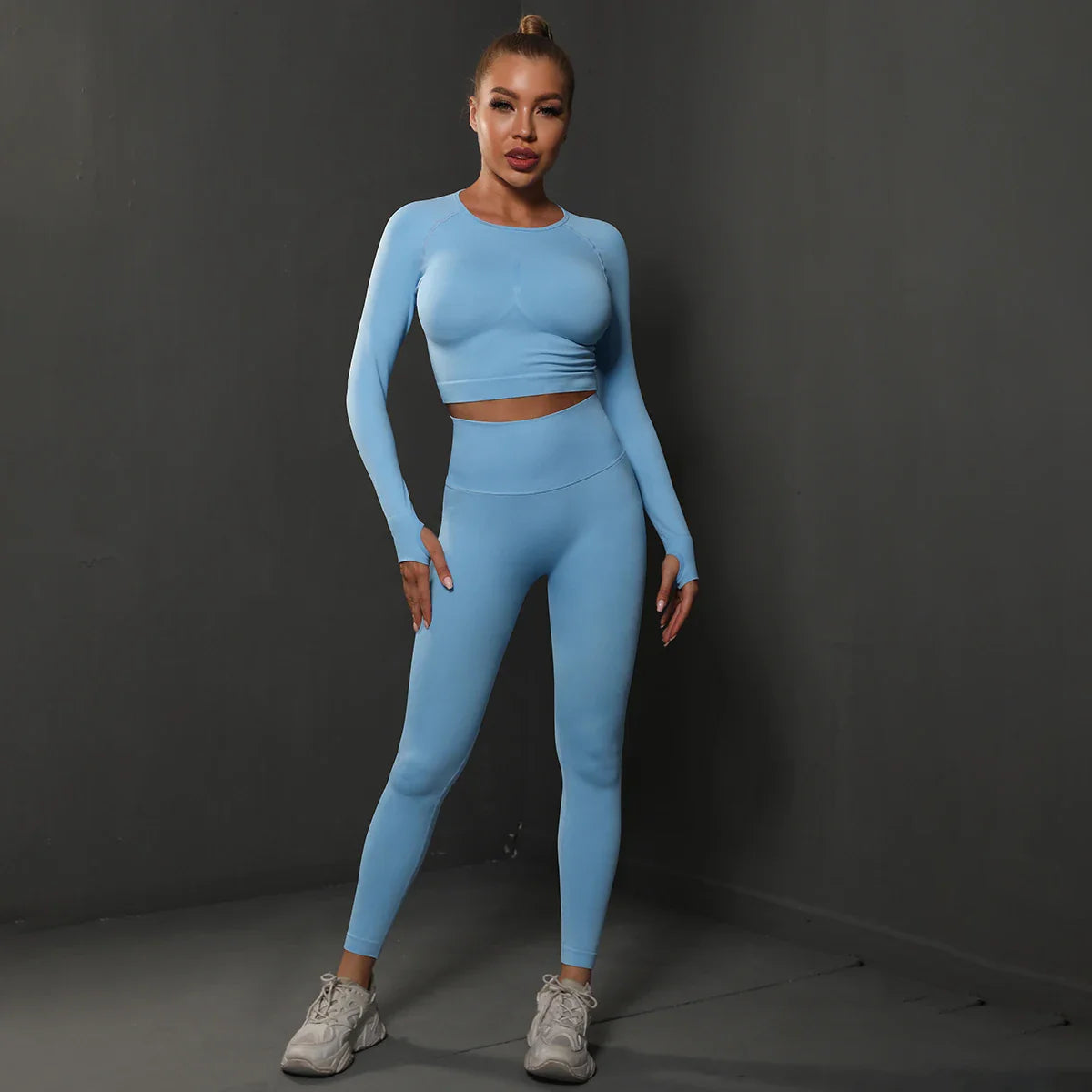 2Pcs Women Sets Energy Seamless Gym Suits Bubble Butt Sports Pants+Long Sleeve Shirts Push Up Running Sets Tracksuits Tights Set Sky Blue