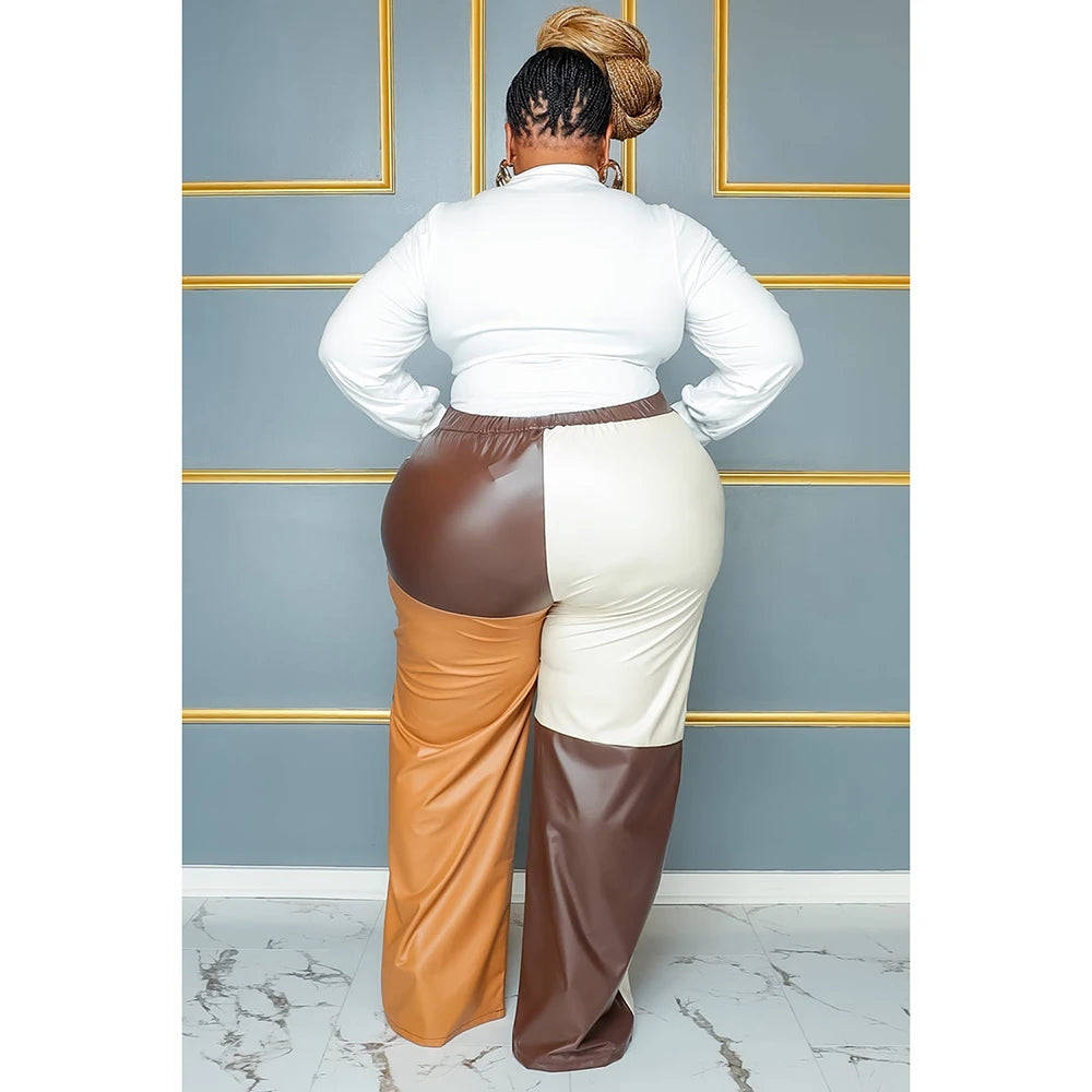 Plus Size Women's Pant Suit Brown Tunic Patchwork PU Leather Fashion Commuting Two Piece Pant Suit