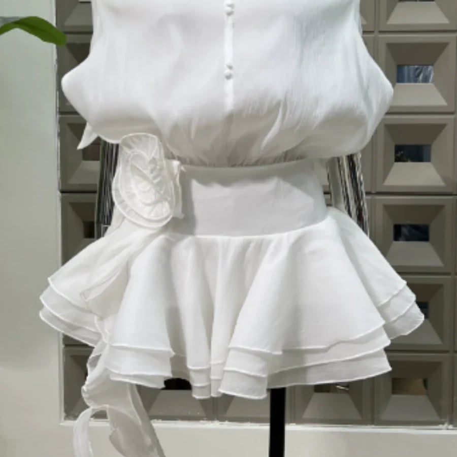 Solid Loose Spliced Ruffles Mini Dresses for Women Slash Neck Sleeveless Patchwork 3D Flower Dress Female Clothing