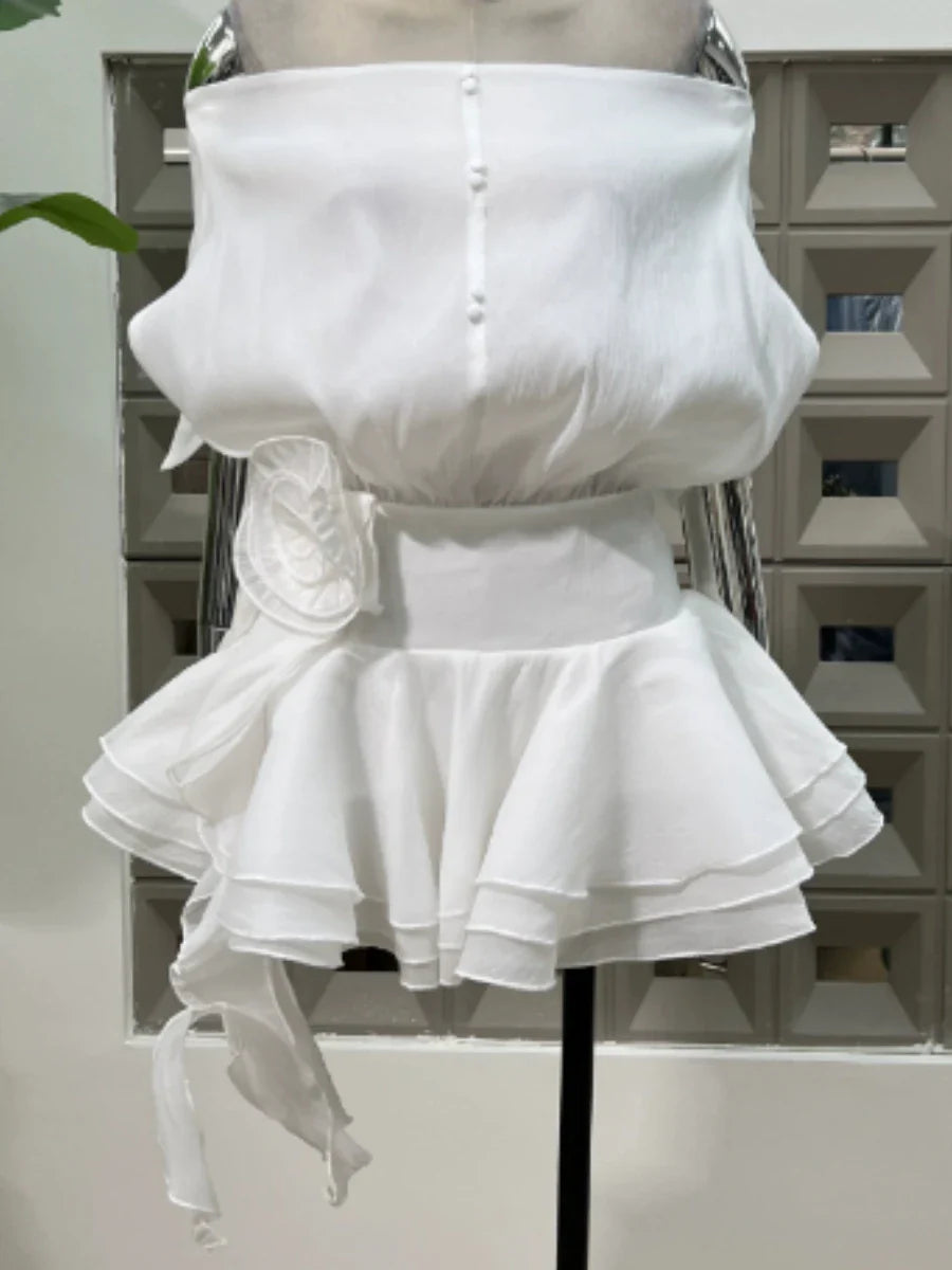 Solid Loose Spliced Ruffles Mini Dresses for Women Slash Neck Sleeveless Patchwork 3D Flower Dress Female Clothing