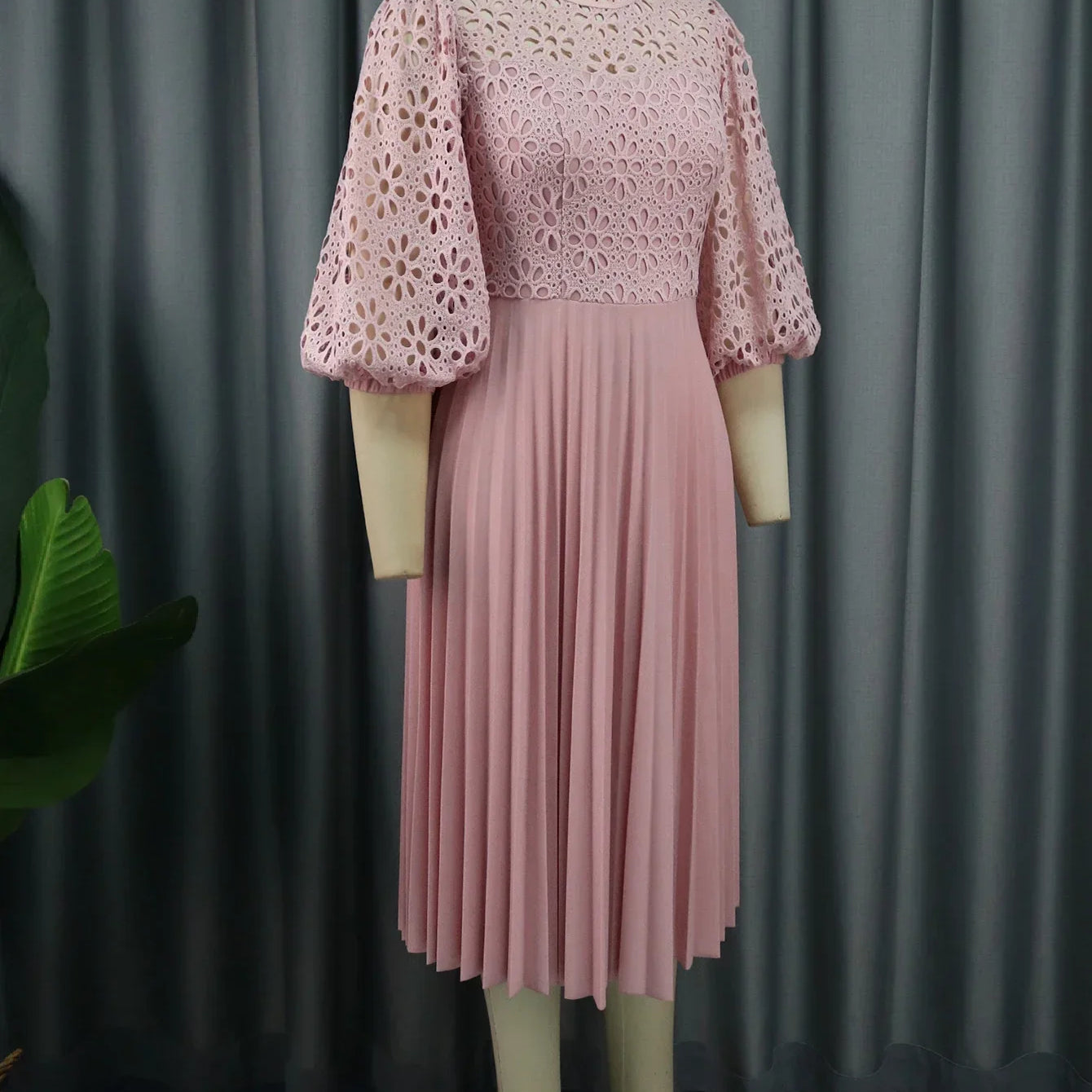 Women Elegant Summer White Pleated Dress Plus Size Hollow Out Lace Sleeve Midi Dresses Elegant Party Birthday Church Outfits