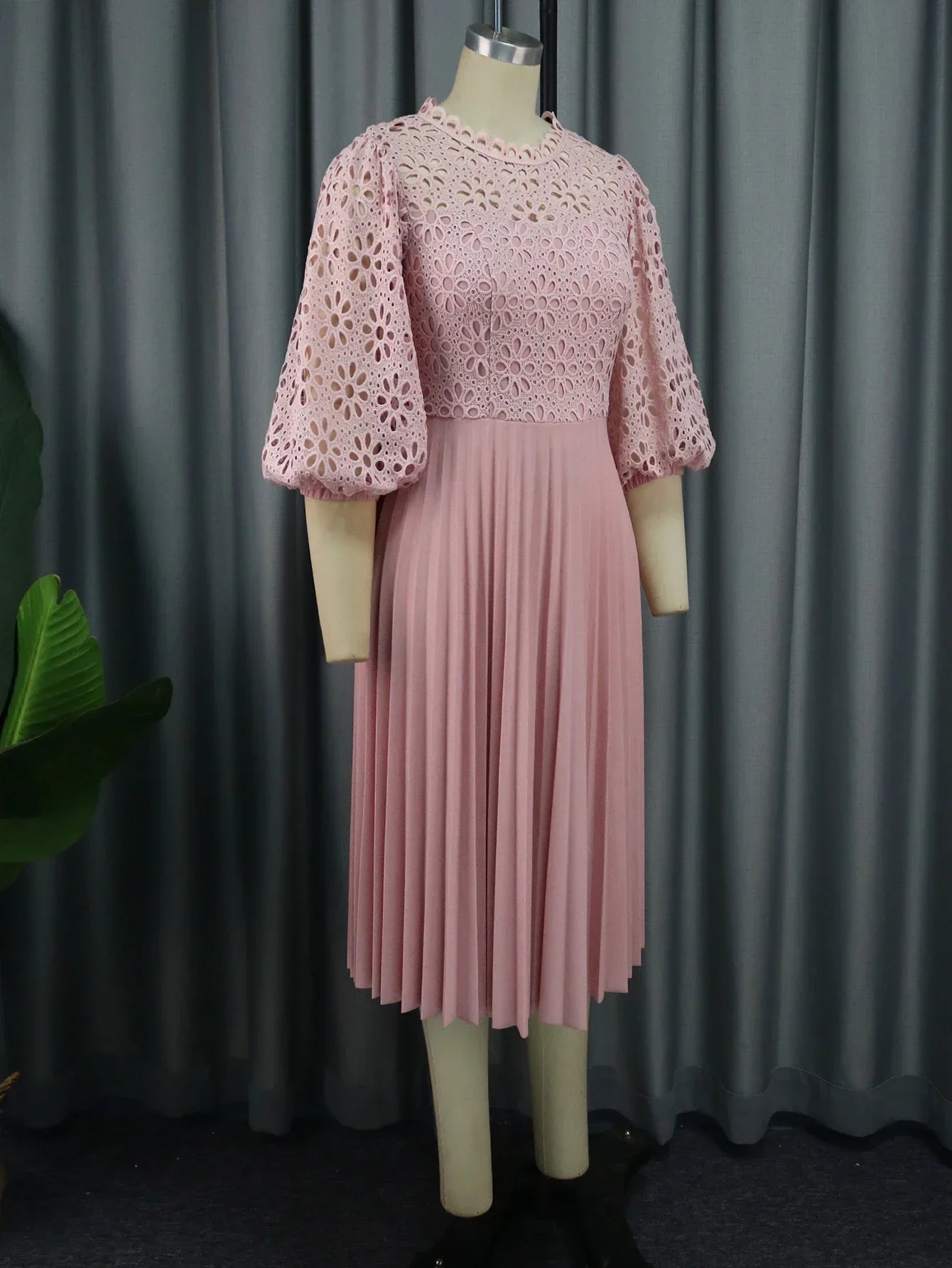 Women Elegant Summer White Pleated Dress Plus Size Hollow Out Lace Sleeve Midi Dresses Elegant Party Birthday Church Outfits