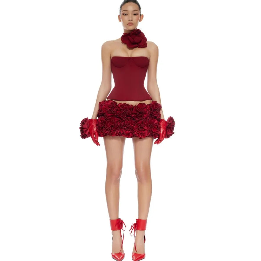 Women Sexy Strapless Laced up Bodycon Mini Tops 2 Pieces Florals Ball Gown Bandage Dress Christmas Celebrate Nightclub Wear