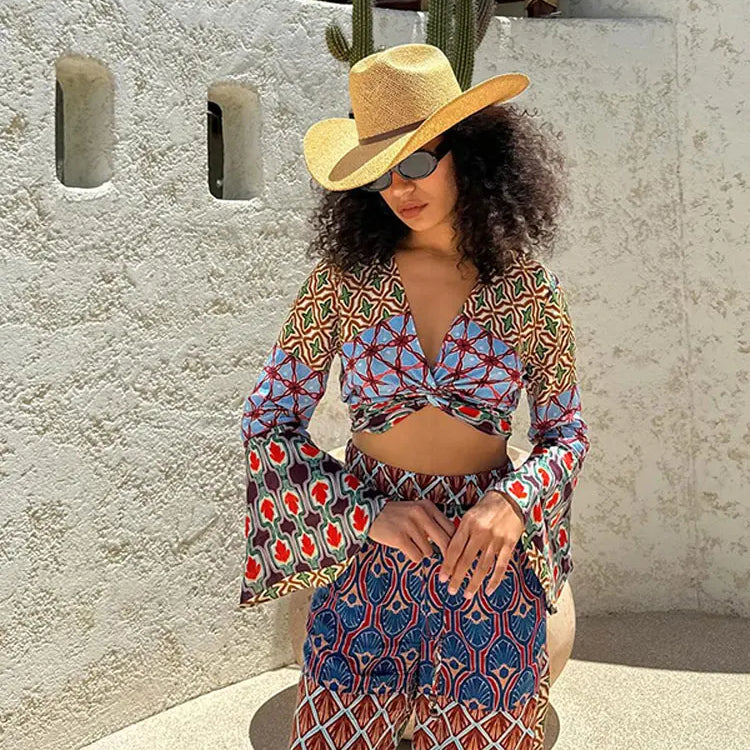 Vintage Sexy Casual Print Straight Trousers Set For Women Chic V Neck Flare Sleeve Twisted Tops Suit Female High Street Outfits