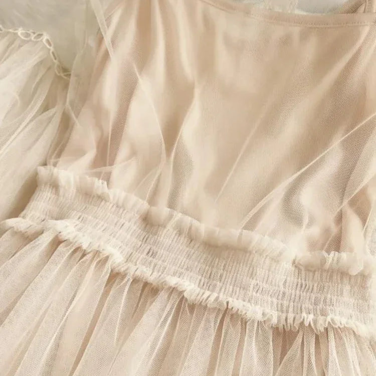 Women Party Lace Flower Dress Gauze Lantern Sleeve Voile Long Dress Female Retro Hook Princess Dress 2 Piece Set