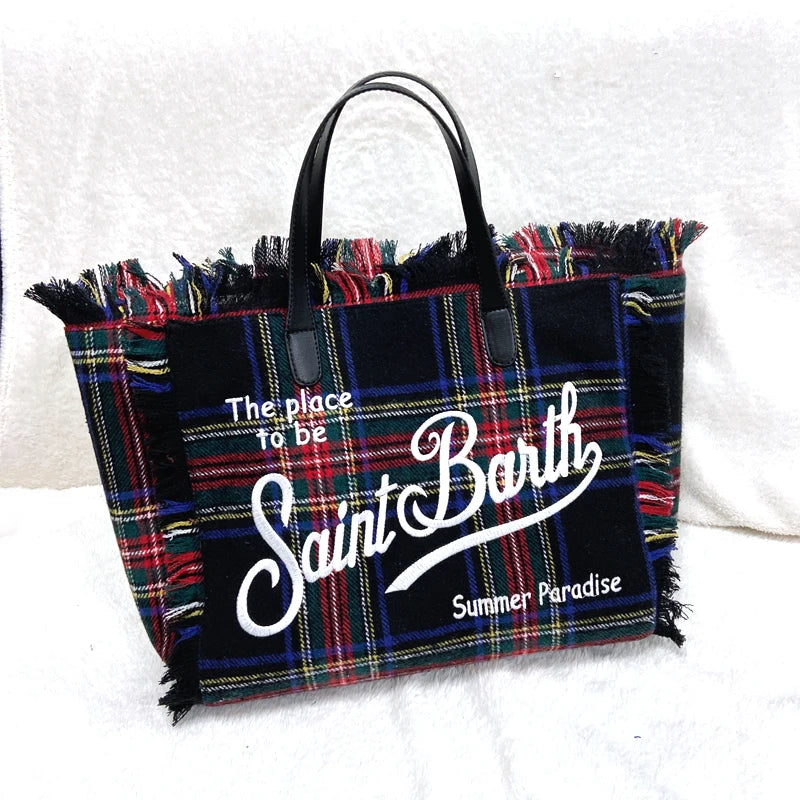 Tote Bags For Women 2024 New Luxury Handbags Embroidered Letter Spliced Triped Plaid Tassel Woolen Bag Fashion Large Bags