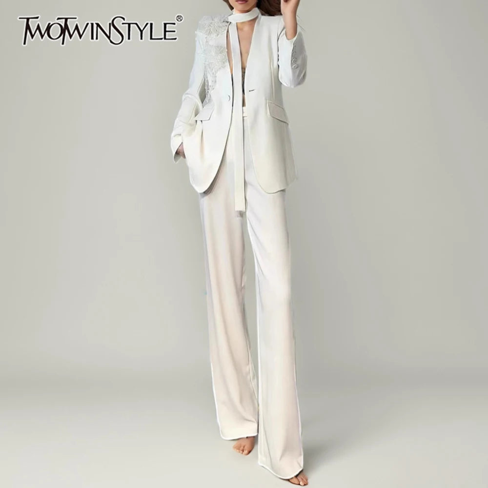 TWOTWINSTYLE Conjuntos de duas peças elegantes e sólidos para mulheres, decote em V, mangas compridas, patchwork, flor 3D, top, cintura alta, conjunto de calças feminino, novo