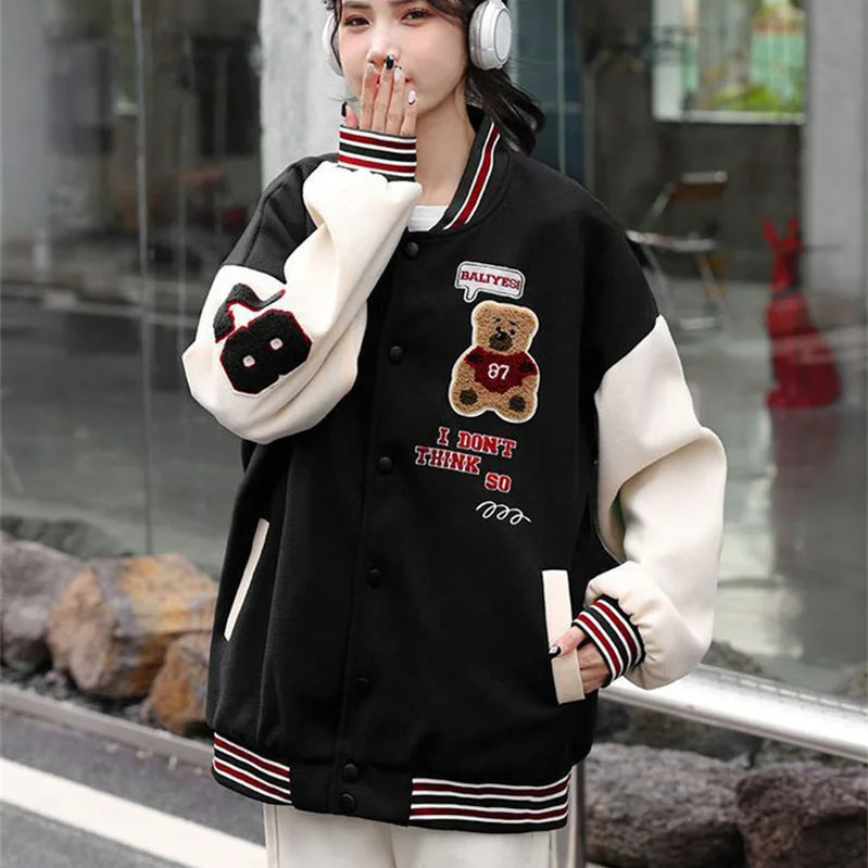 Vintage Bomber Jackets Women Cartoon Bear Baseball Coats Streetwear Female Fashion Hip Hop Casual Ladies Tops Autumn Winter