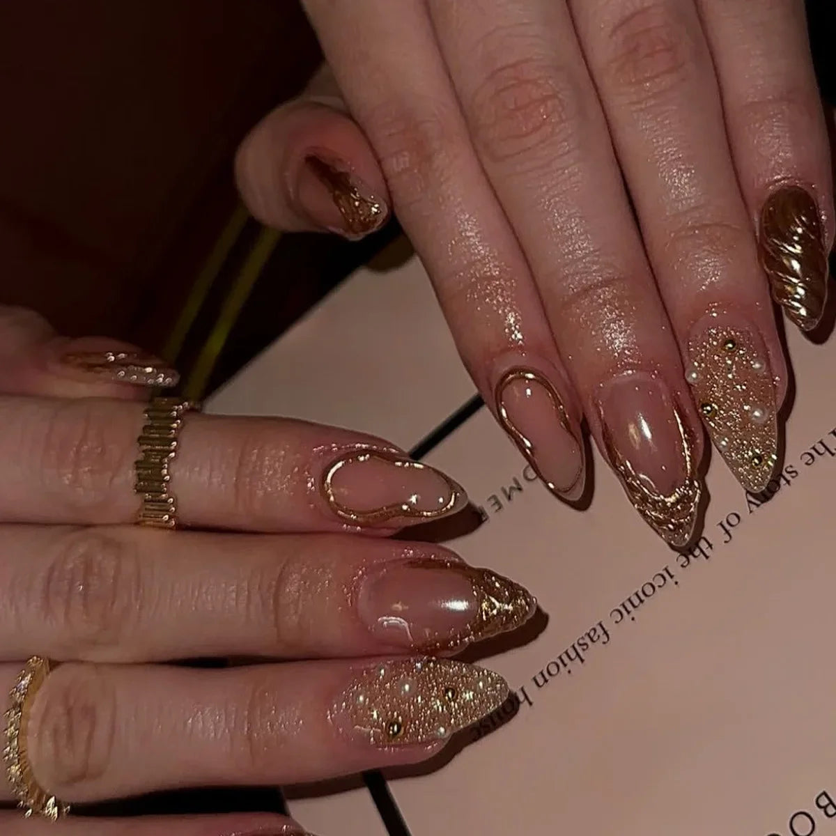 24Pcs Mid-length Almond False Nails Gold Irregular French Fake Nail Love Heart Starburst Rhinestone Reusable Press on Nails Tips