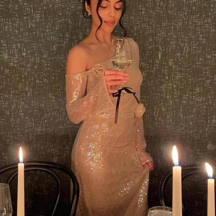 Chic Luxury Women Celebrity Sexy One Shoulder Beige Mesh Sequins Maxi Long Gowns Dress 2025 Elegant Evening Party Club Vestido