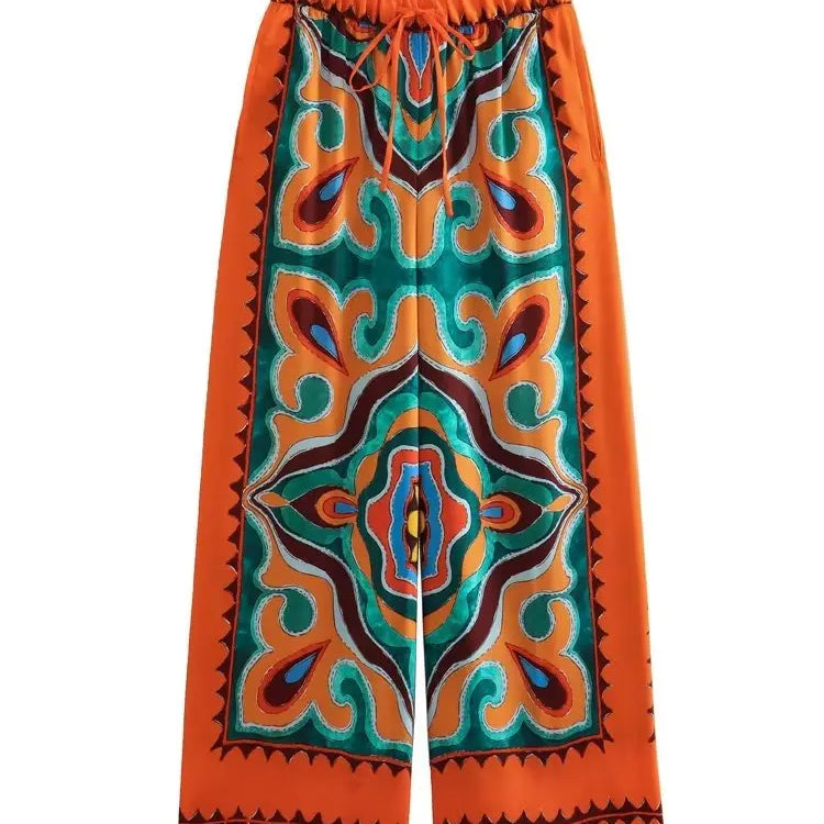 BlingBlingee Summer Printed Women Wide Pants Satin Suits Traf Asymmetric Sleeveless Strapless Crop Top Female Sets Y2K Only Pants 3