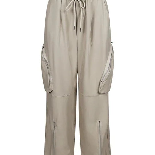 CM.YAYA Women Fashion Zipper Pocket Side Zip Fly Split Hem Wide Leg Safari Style Pants 2025 Drawstring Summer Cargo Trousers