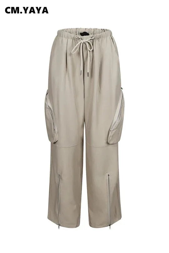 CM.YAYA Women Fashion Zipper Pocket Side Zip Fly Split Hem Wide Leg Safari Style Pants 2025 Drawstring Summer Cargo Trousers