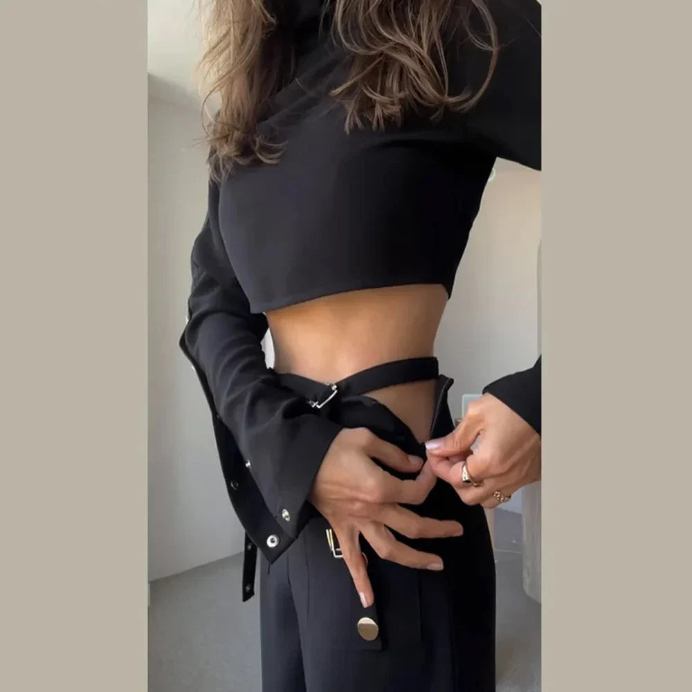 Streetwear Two Piece Set For Women Stand Collar Long Sleeve Top High Waist Pant Wide Leg Pant Chic Sets Female New