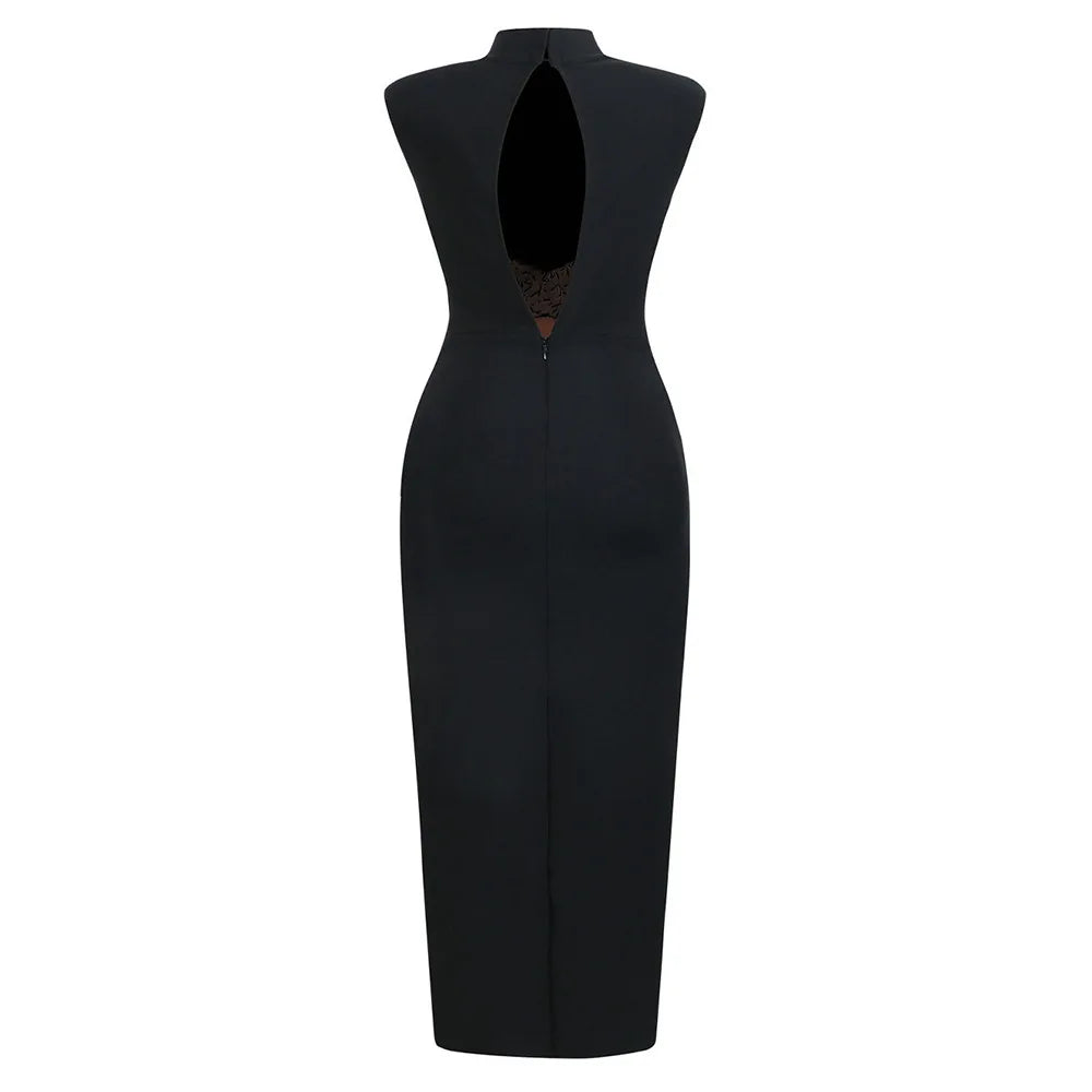 Women Sleeveless Sexy O-Neck Big Crystal Keyholes Bodycon Bandage Long Dress Fashion Celebrate Evening Party Outfit