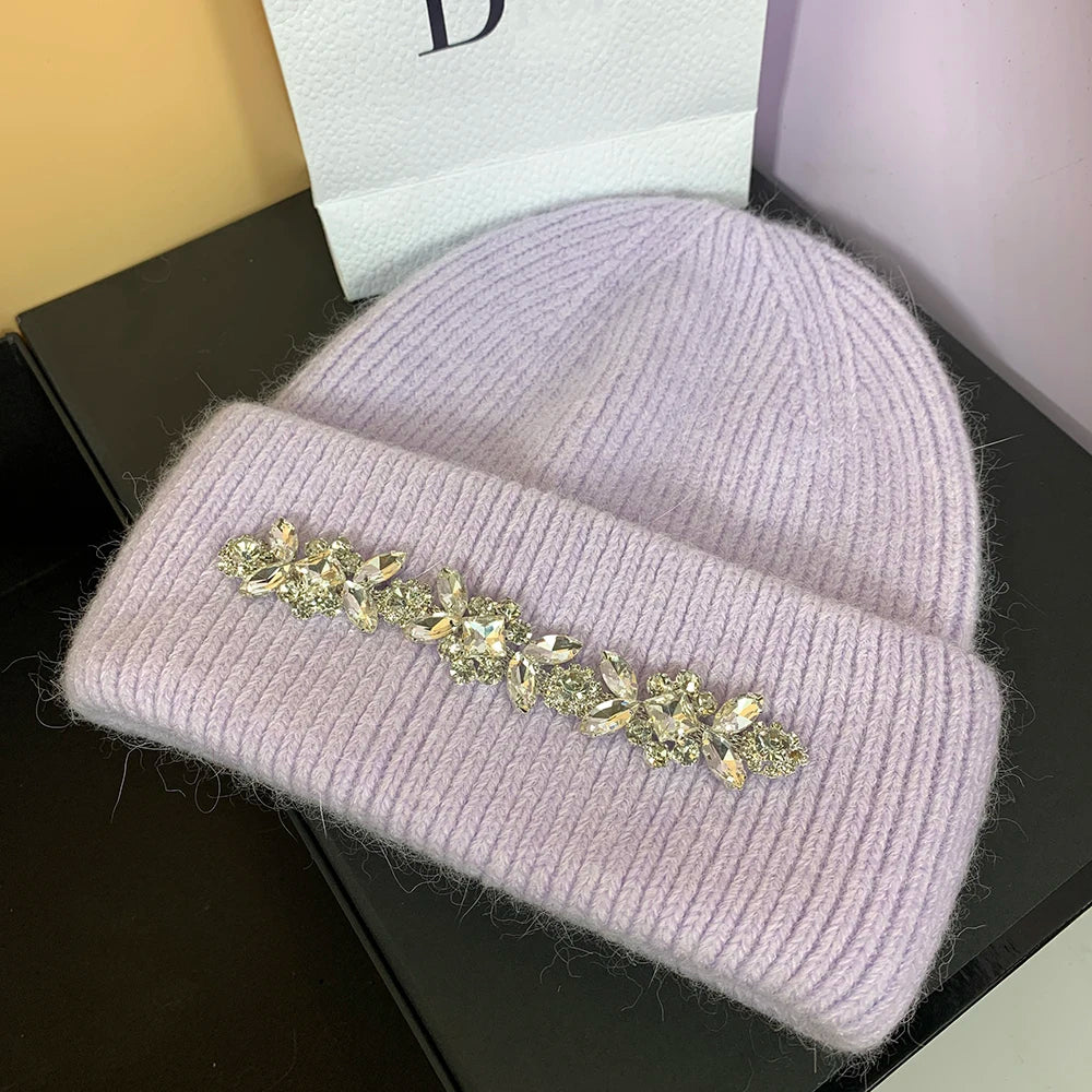 Real Rabbit Fur Knitted Hats for Women Winter Warm Beanie Luxury Rhinestones Bonnet Lady Outdoor Skiing Skullies Beanies Caps violet