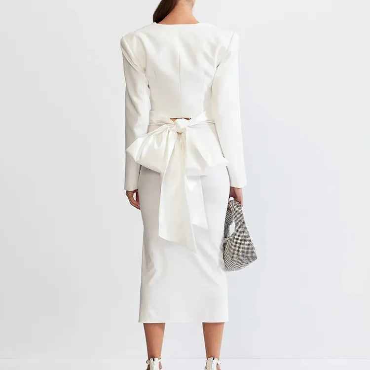 TWOTWINSTYLE Chic Two Piece Set For Women Round Neck Long Sleeve Top High Waist Spliced Appliques Skirt Elegant Sets Female New