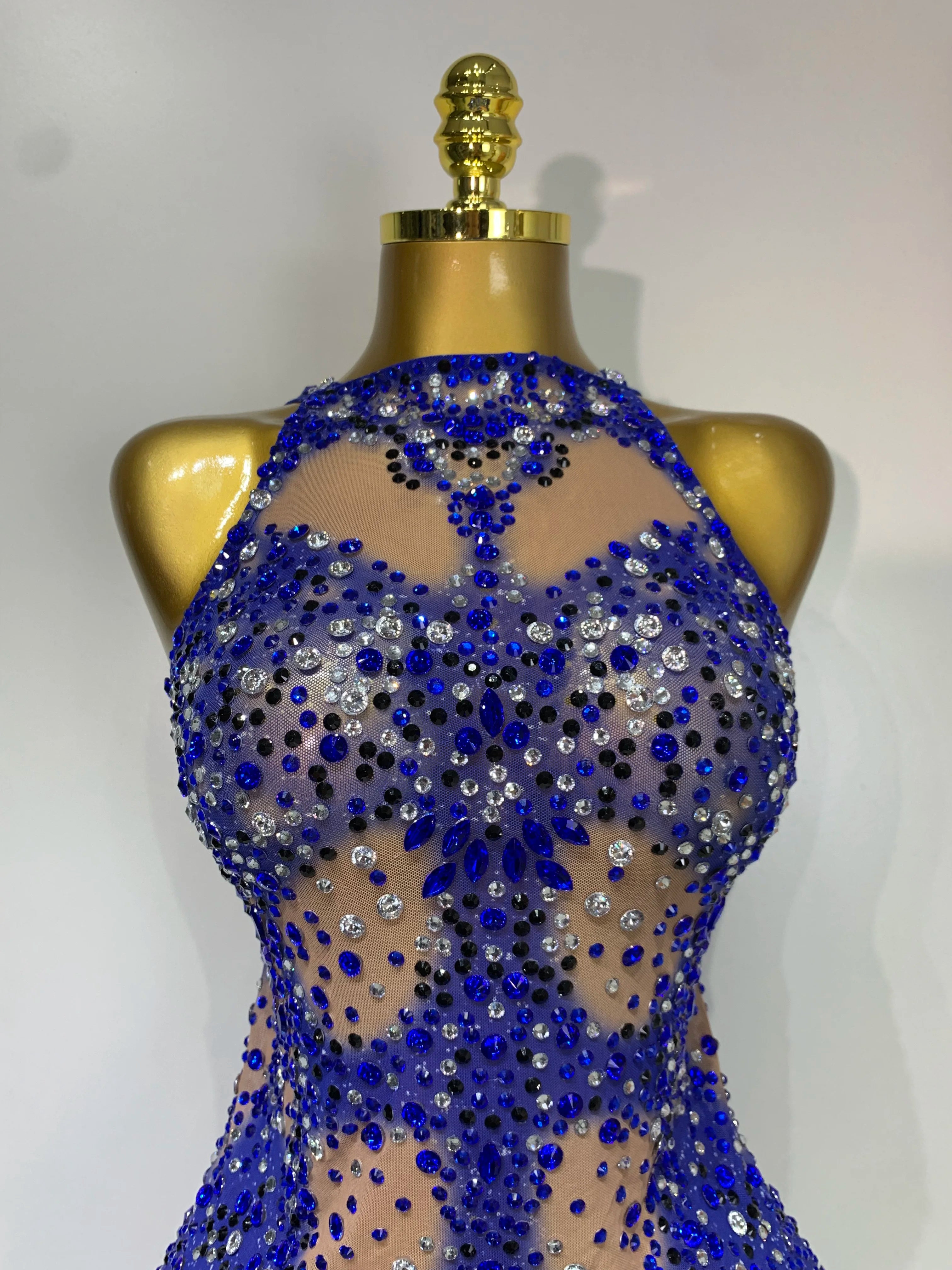 Women Sexy Backless blue Rhinestone Tassel Bodysuit Evening Party Club Singer Stage Performance Costume Luxury Birthday Dress