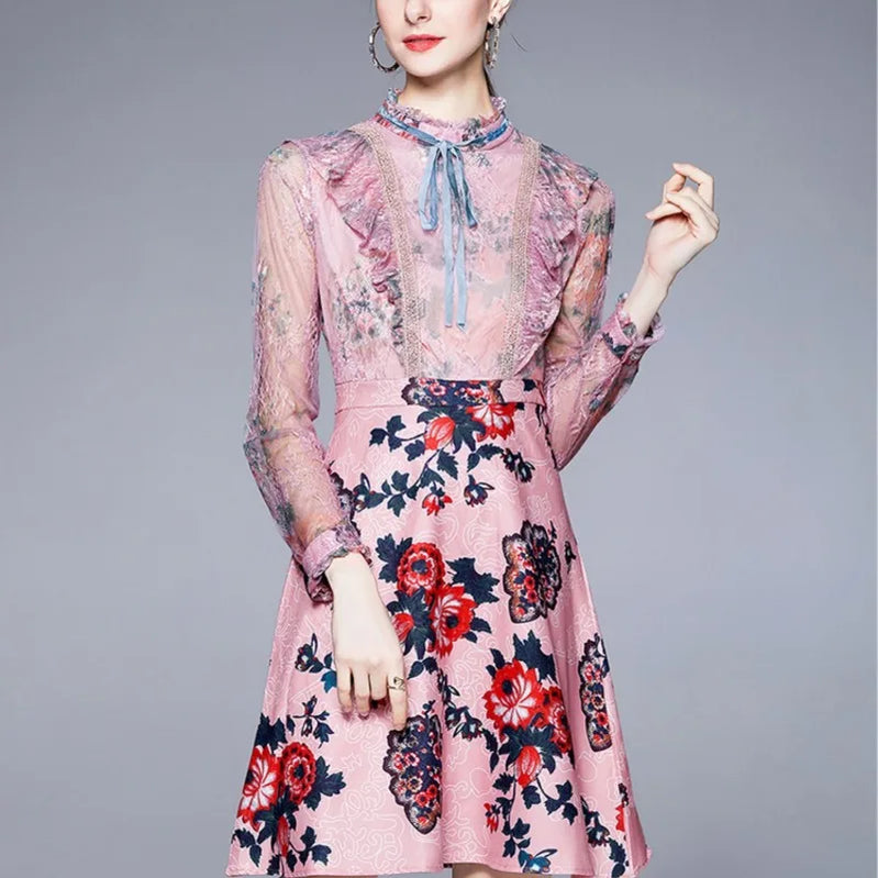 2024 Women's Summer Fashion Retro Print Stand Up Neck Lace Splice Style Bow Slim Fit Long Sleeved Mid Length Version Dress