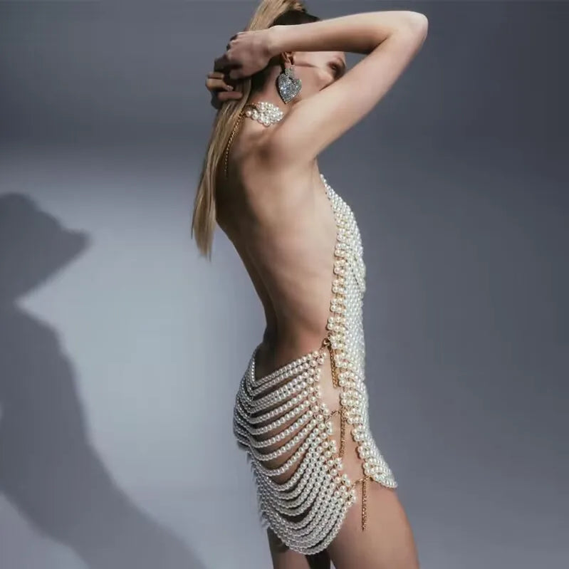 New Arrival Sexy Backless Pearl Beading Hollow Out Halter Mini Evening Dress Trendiness Party Dress Stage Performance Costume