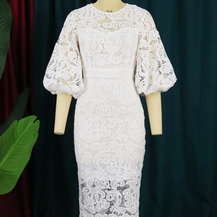 Plus Size Evening Dresses 4XL O Neck Lace Lantern Sleeve Hollow Out Patchwork White Pink Gowns for Ladies Event Cocktail Outfits