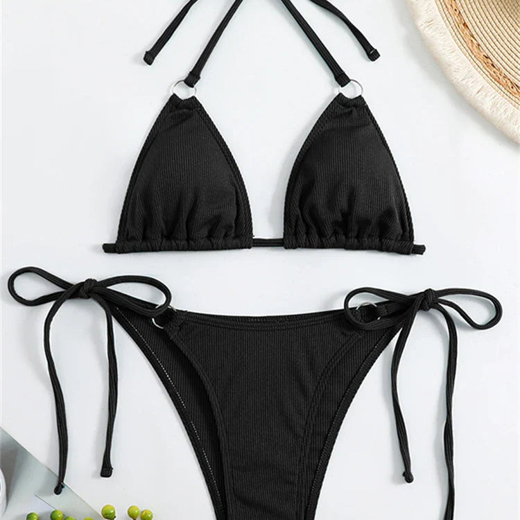 Bikini Women Swimsuit New Solid Ribbed Halter Bikinis Set Sexy Lace Up Swimwear Summer Two Piece Beach Bathing Suit Female black