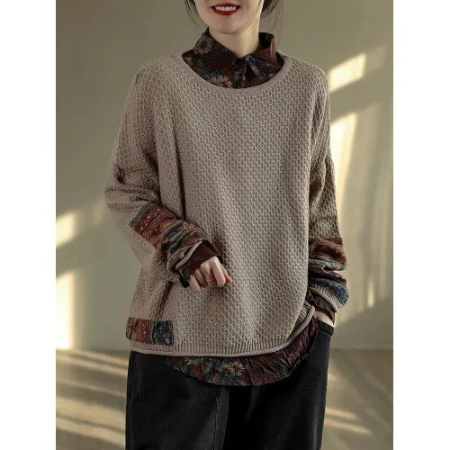 Vintage Print Patchwork Sweater Spring Fall Fashion Women's Loose Casual Long Sleeve Knitting Pullovers Female Elegance Knitwear Khaki One Size