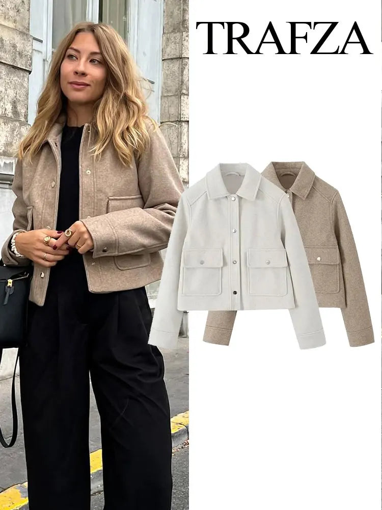 Women Fashion Woolen Coats Winter Trend Cotton White And Khaki Lapel Jackets Woman Warm Streetwear Mujer Casaco Y2k