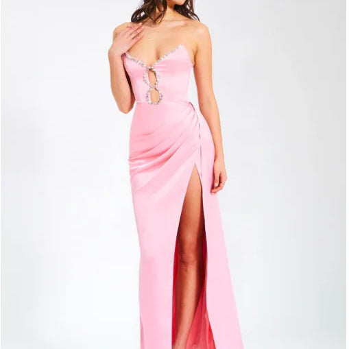 Pink Color Women Sexy Strapless Shinning Crystal Satin Bodycon High Split Dress Sweet Birthday Party Valentine's Day Dress