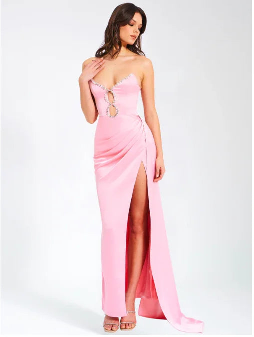Pink Color Women Sexy Strapless Shinning Crystal Satin Bodycon High Split Dress Sweet Birthday Party Valentine's Day Dress